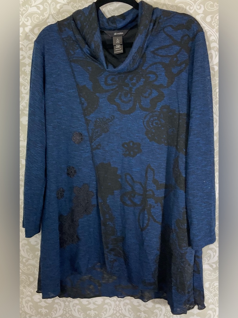 Ali Miles Tunic XL Blue with Black Floral Embroidery Cowl Neck BohoTop 3/4 Slvs